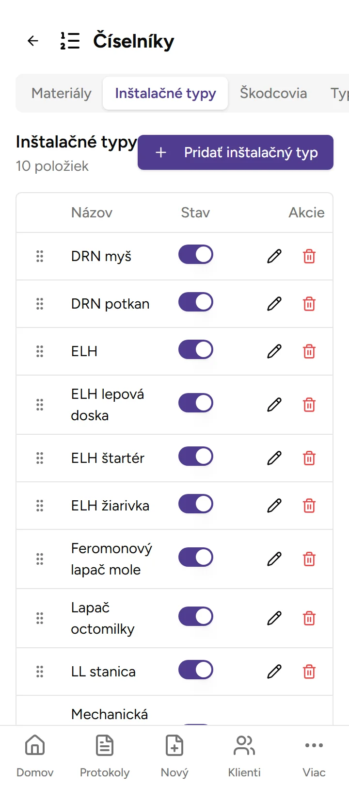 Číselník inštalačných typov Číselník inštalačných typov - Mobile
