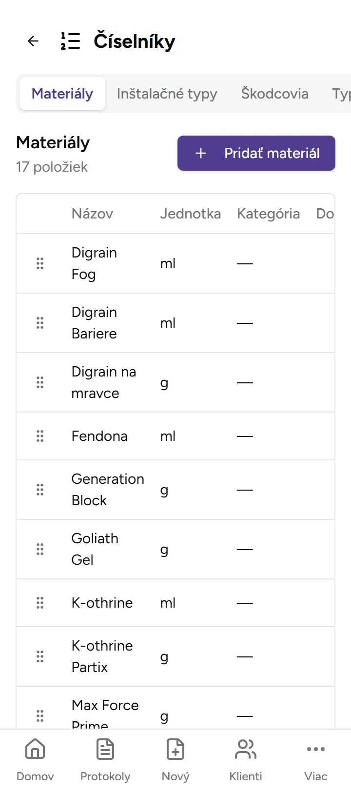 Číselník materiálov - Mobile