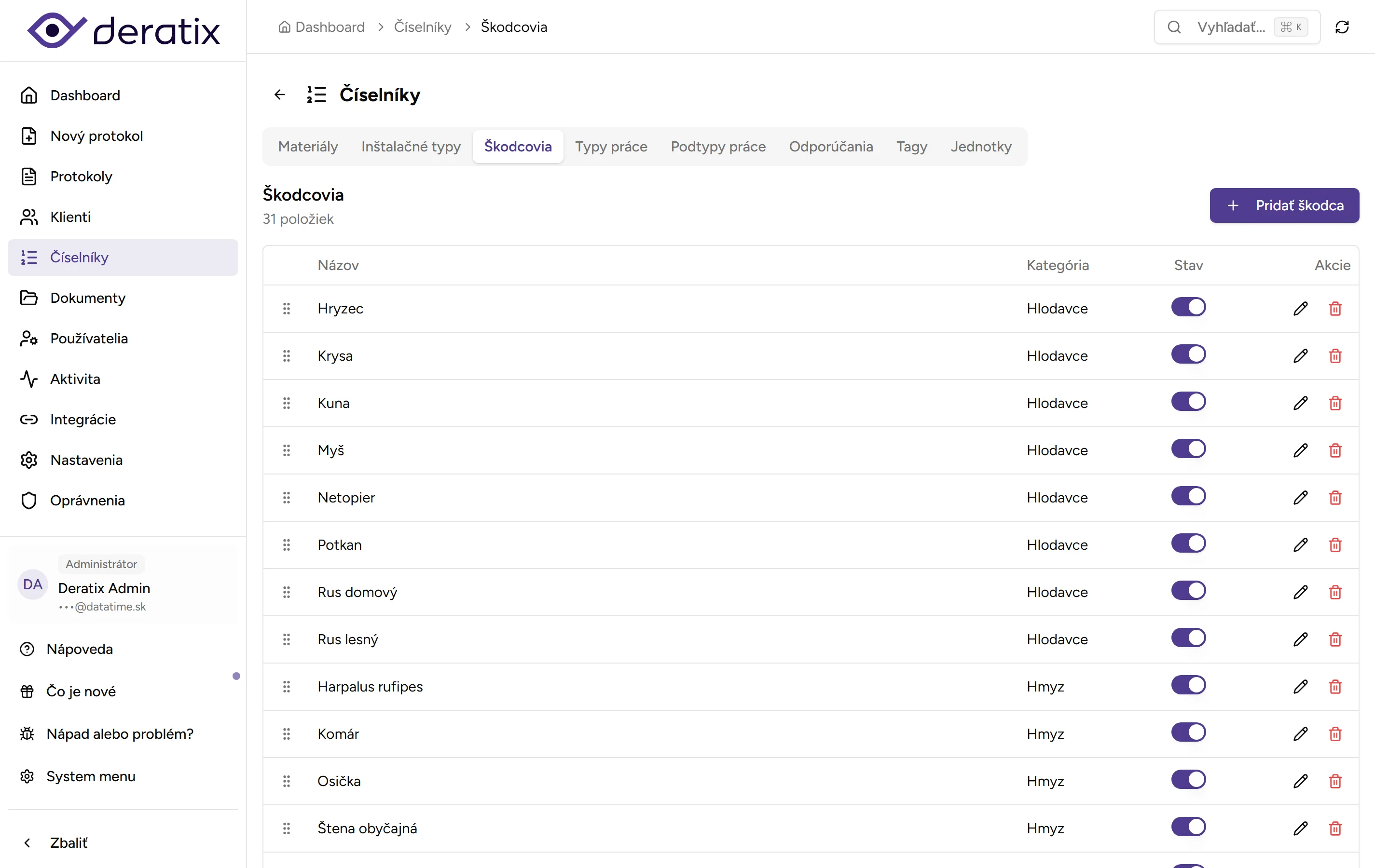 Číselník škodcov - Desktop
