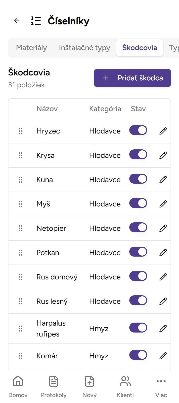 Číselník škodcov - Mobile