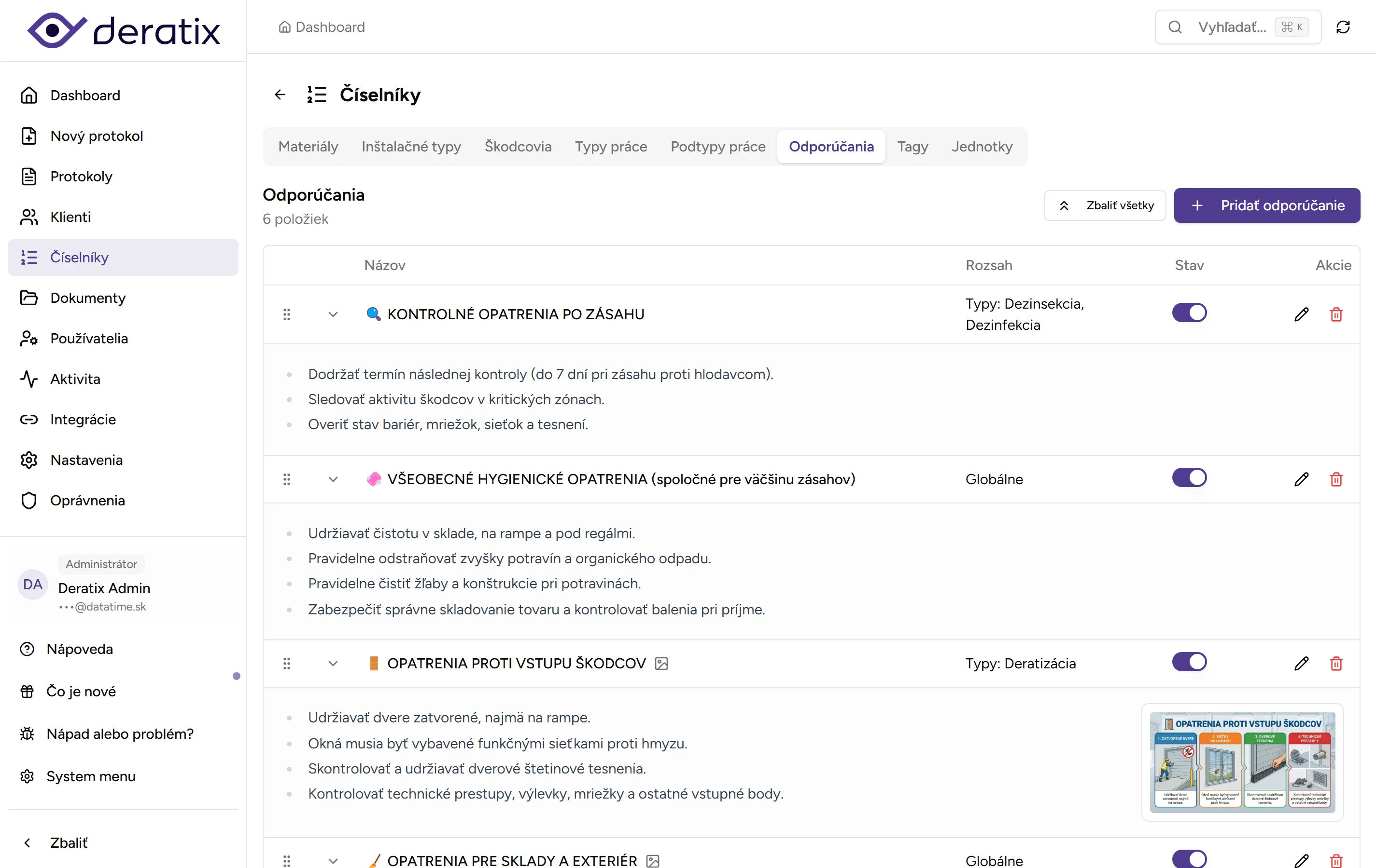 Číselník odporúčaní - Desktop