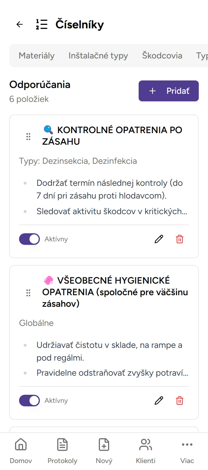 Číselník odporúčaní - Mobile