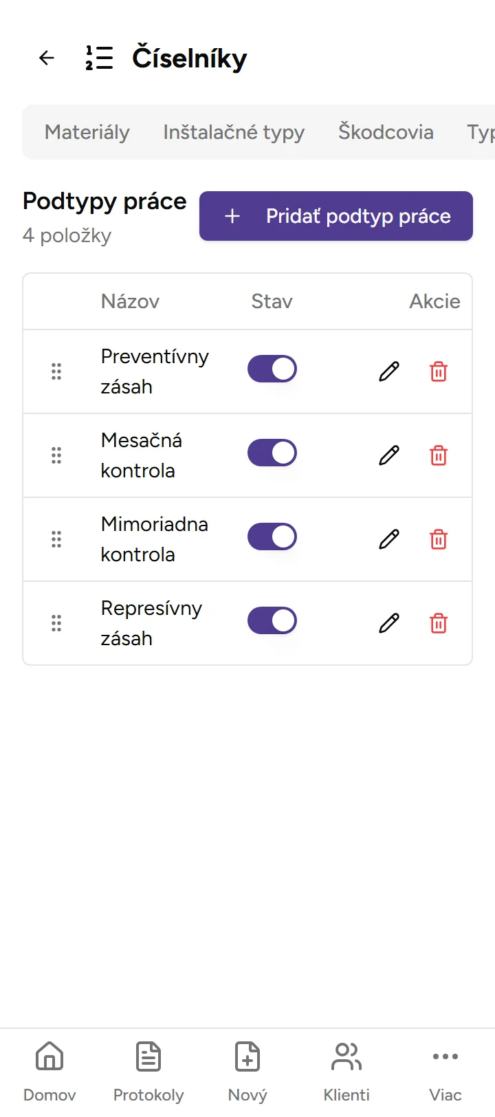 Číselník podtypov práce - Mobile