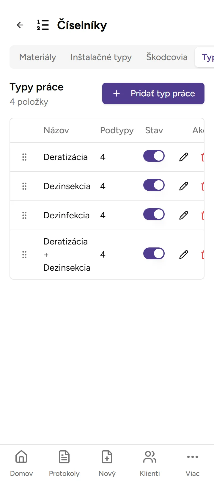 Číselník typov práce - Mobile