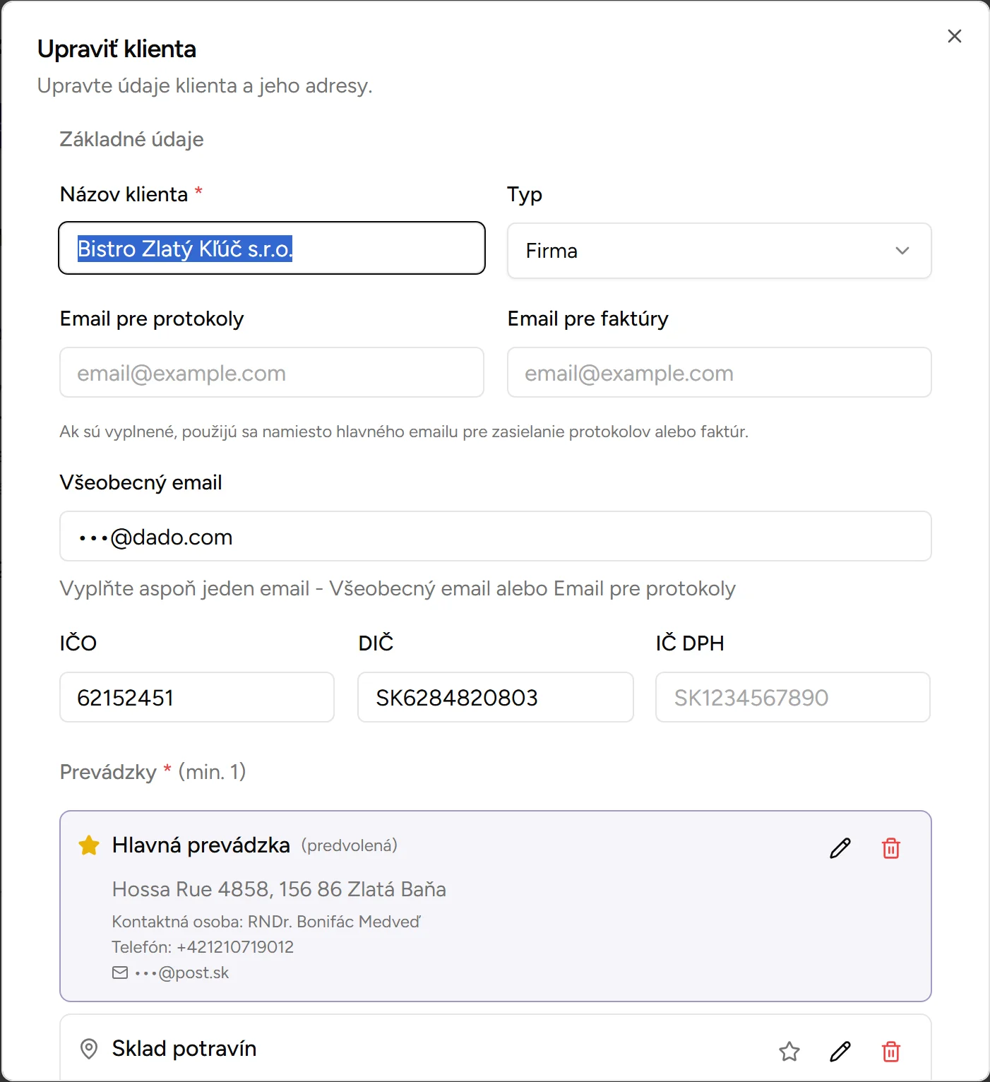 Dialóg editácie klienta Dialóg editácie klienta - Desktop