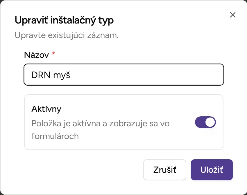 Dialóg editácie typu inštalácie Dialóg editácie typu inštalácie - Desktop