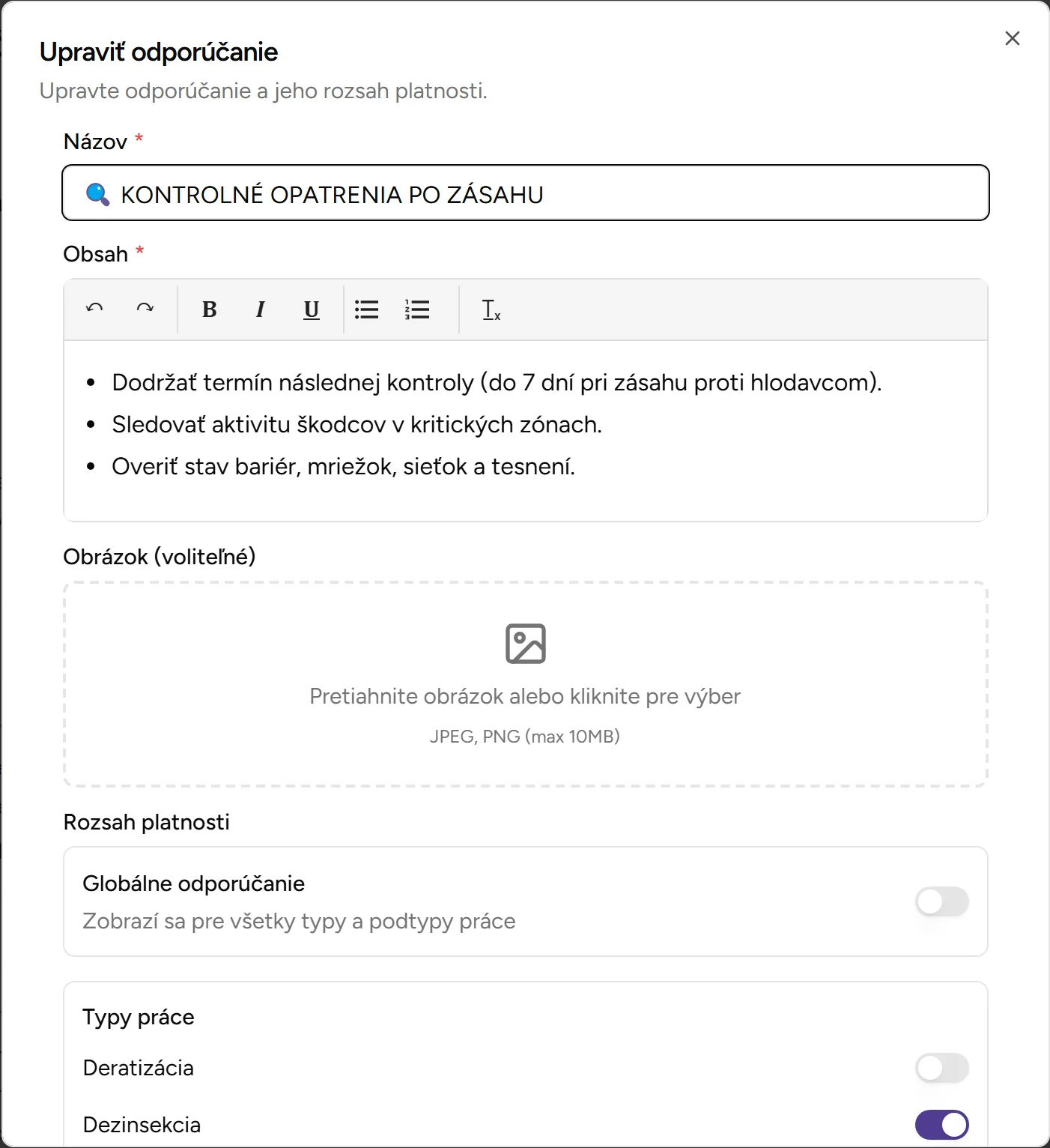 Dialóg editácie odporúčania - Desktop